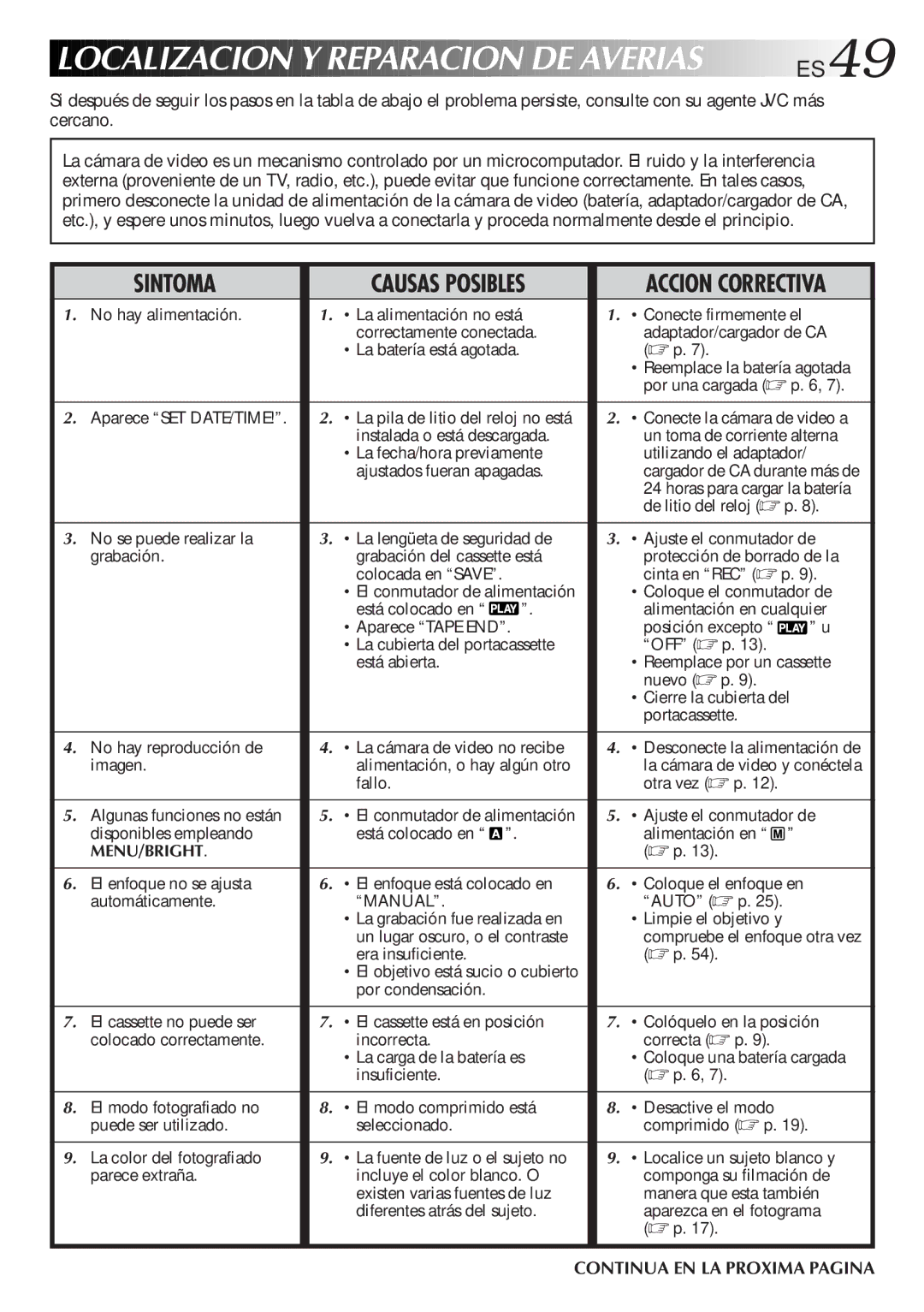 JVC GR-DVF31 manual ES49, Accion Correctiva, Continua EN LA Proxima Pagina 