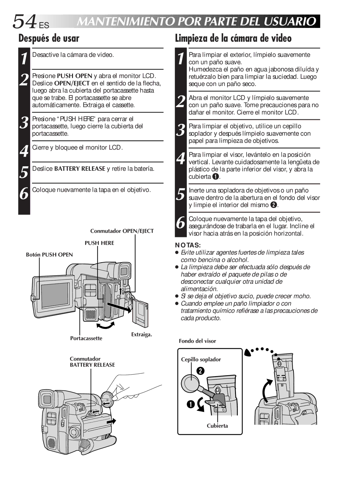 JVC GR-DVF31 manual 54 ES, Después de usar, Limpieza de la cámara de video, Desactive la cámara de video 