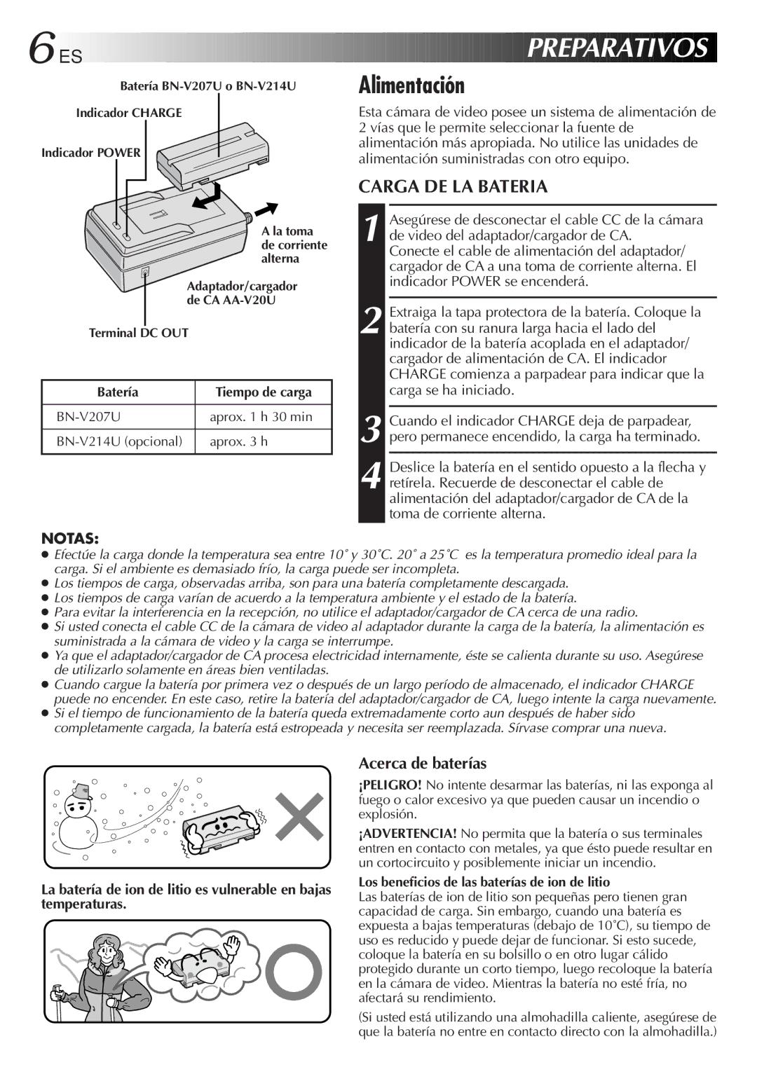 JVC GR-DVF31 manual Alimentación, Carga DE LA Bateria, Acerca de baterías 