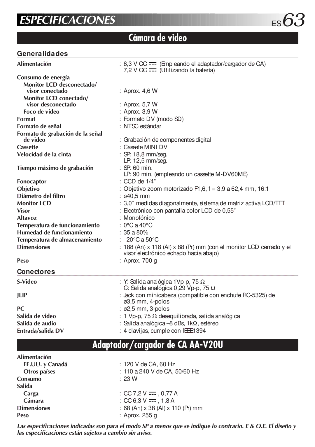 JVC GR-DVF31 manual Cámara de video, Adaptador/cargador de CA AA-V20U, ES63, Generalidades, Conectores 