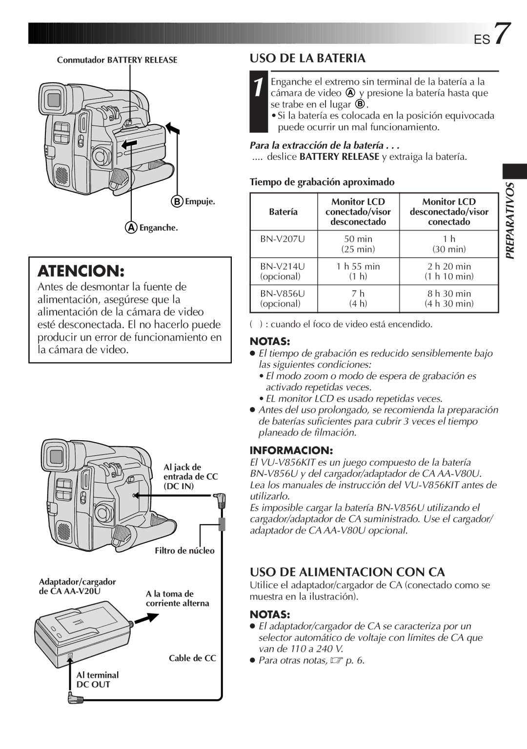 JVC GR-DVF31 manual ES7, USO DE LA Bateria, USO DE Alimentacion CON CA, Para la extracción de la batería, Informacion 