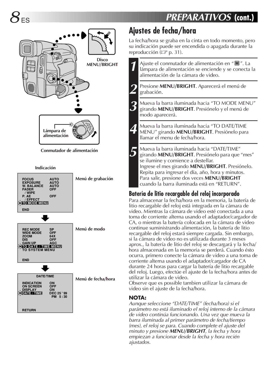 JVC GR-DVF31 manual Ajustes de fecha/hora, Batería de litio recargable del reloj incorporado, Nota 