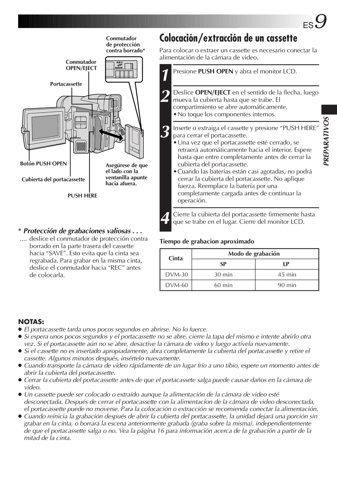 JVC GR-DVF31 manual Colocación/extracción de un cassette, ES9, Tiempo de grabacion aproximado 