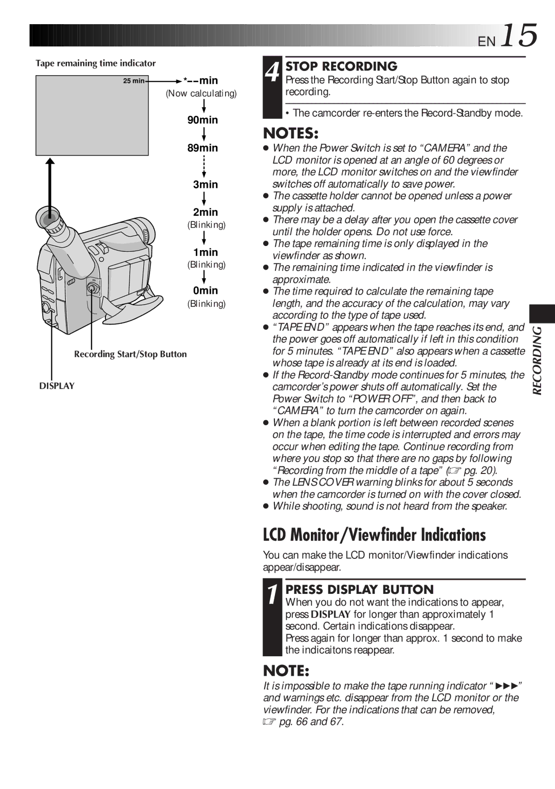 JVC LYT0278-001A, GR-DVF7 manual Stop Recording, Press Display Button, Indicaitons reappear 