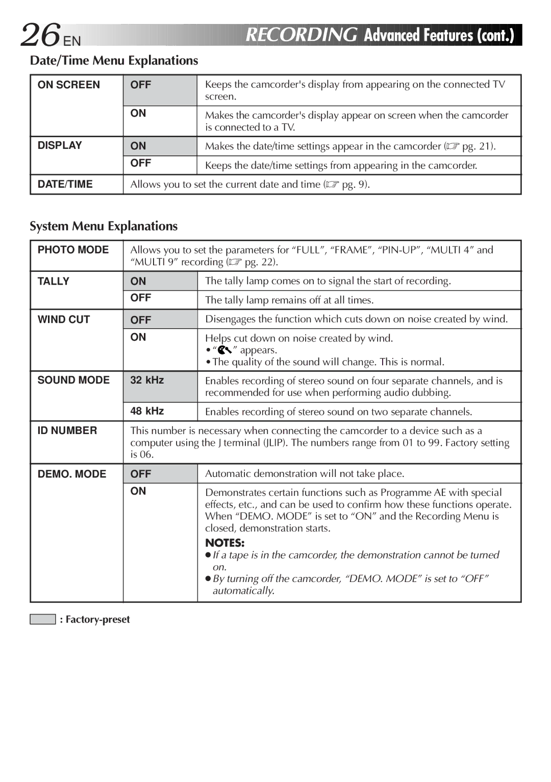 JVC GR-DVF7, LYT0278-001A manual Date/Time Menu Explanations, System Menu Explanations 