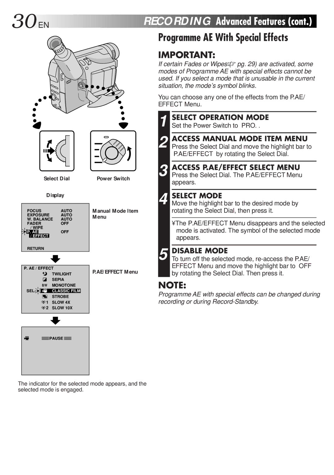 JVC GR-DVF7, LYT0278-001A manual Recording Advanced Features, Programme AE With Special Effects, Select Mode, Disable Mode 