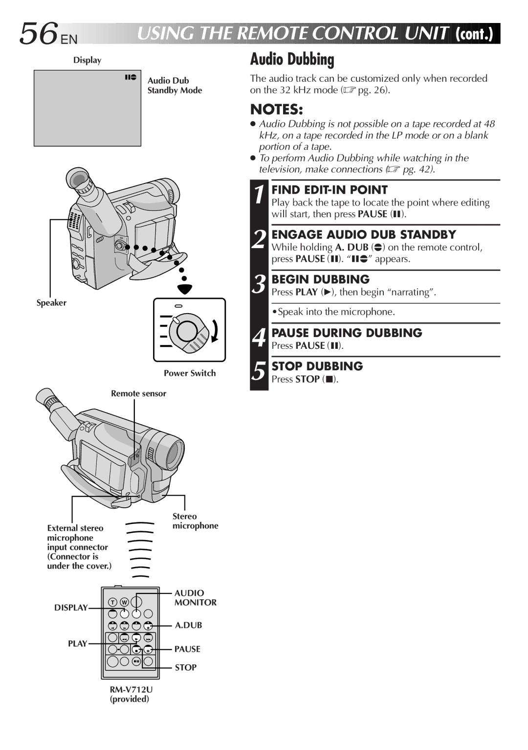 JVC GR-DVF7, LYT0278-001A manual Audio Dubbing, Begin Dubbing, Pause During Dubbing, Stop Dubbing, Press Pause 