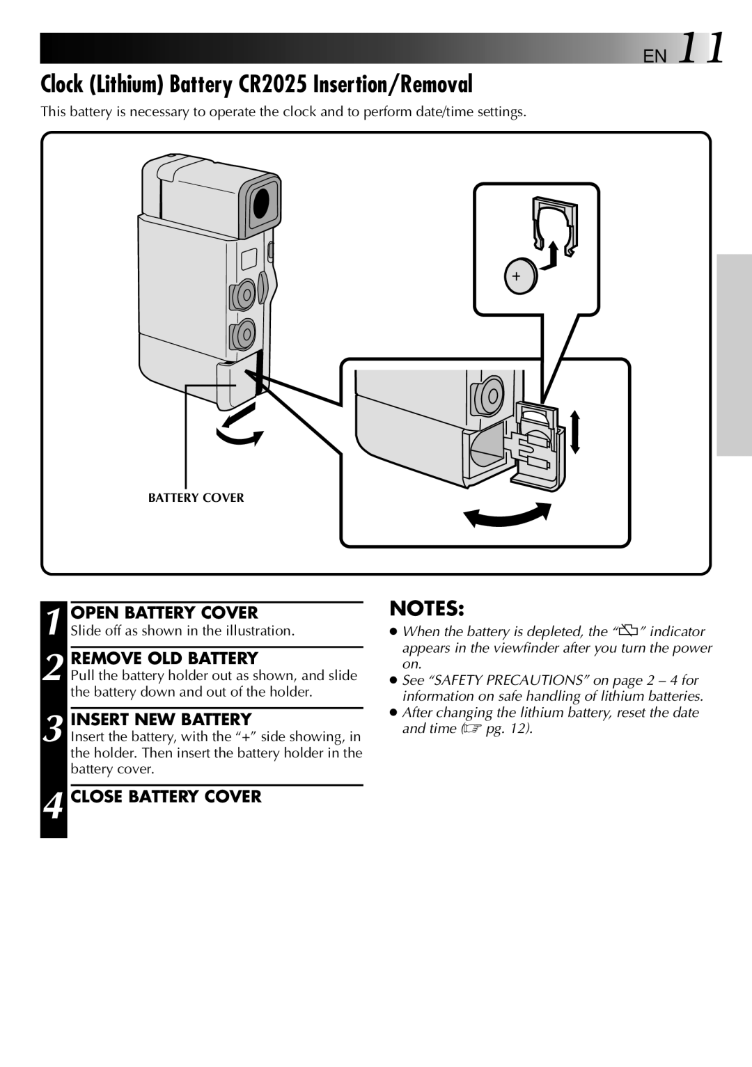 JVC GR-DVJ70 specifications Clock Lithium Battery CR2025 Insertion/Removal, Remove OLD Battery, Insert NEW Battery 