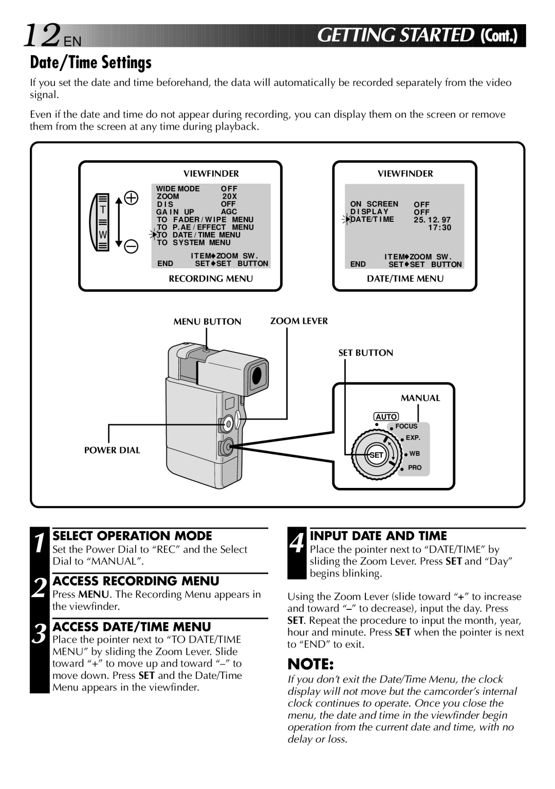 JVC GR-DVJ70 specifications Date/Time Settings, Select Operation Mode, Access Recording Menu, Input Date and Time 