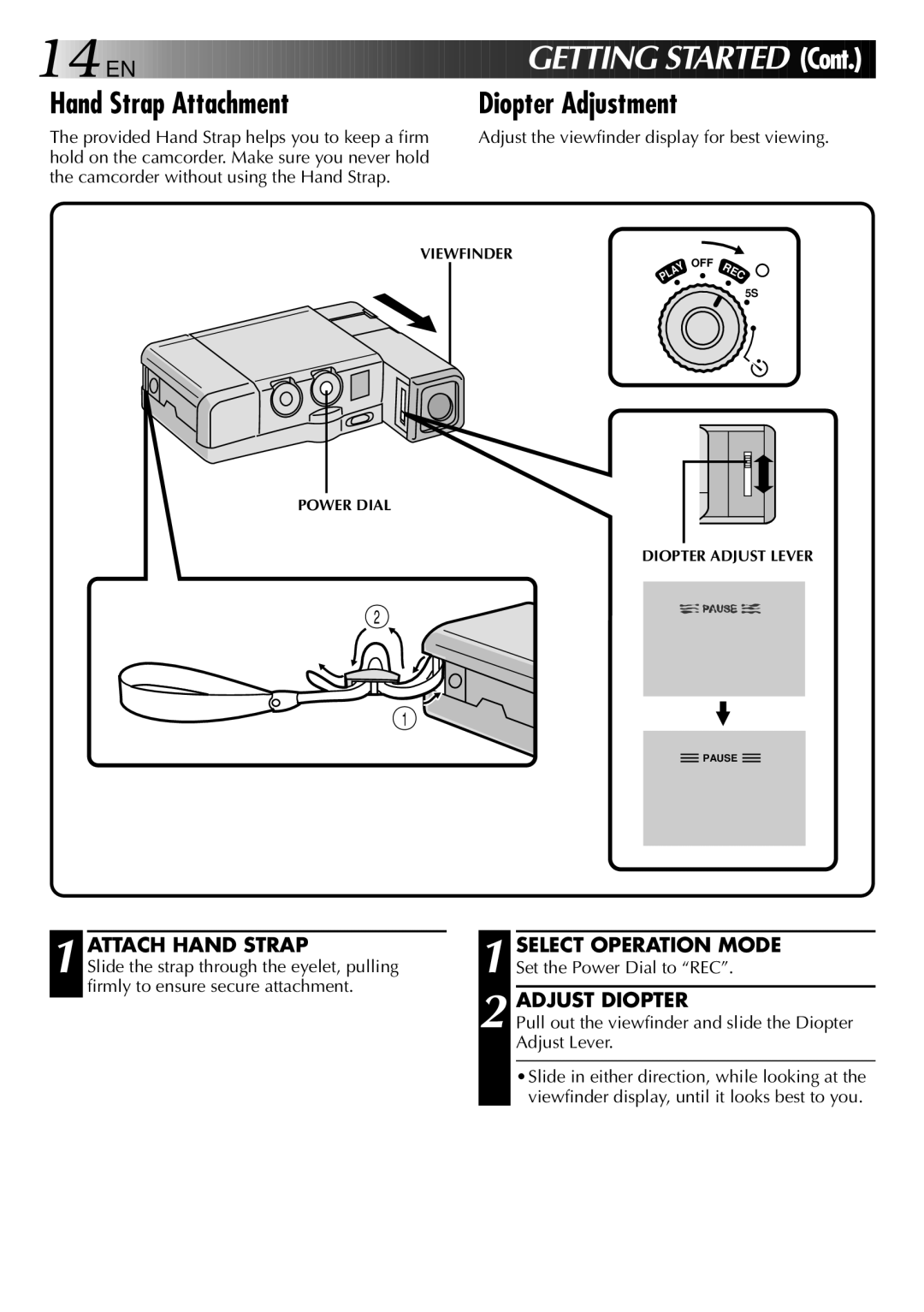 JVC GR-DVJ70 Hand Strap Attachment, Diopter Adjustment, Attach Hand Strap, Adjust Diopter, Diopter Adjust Lever 