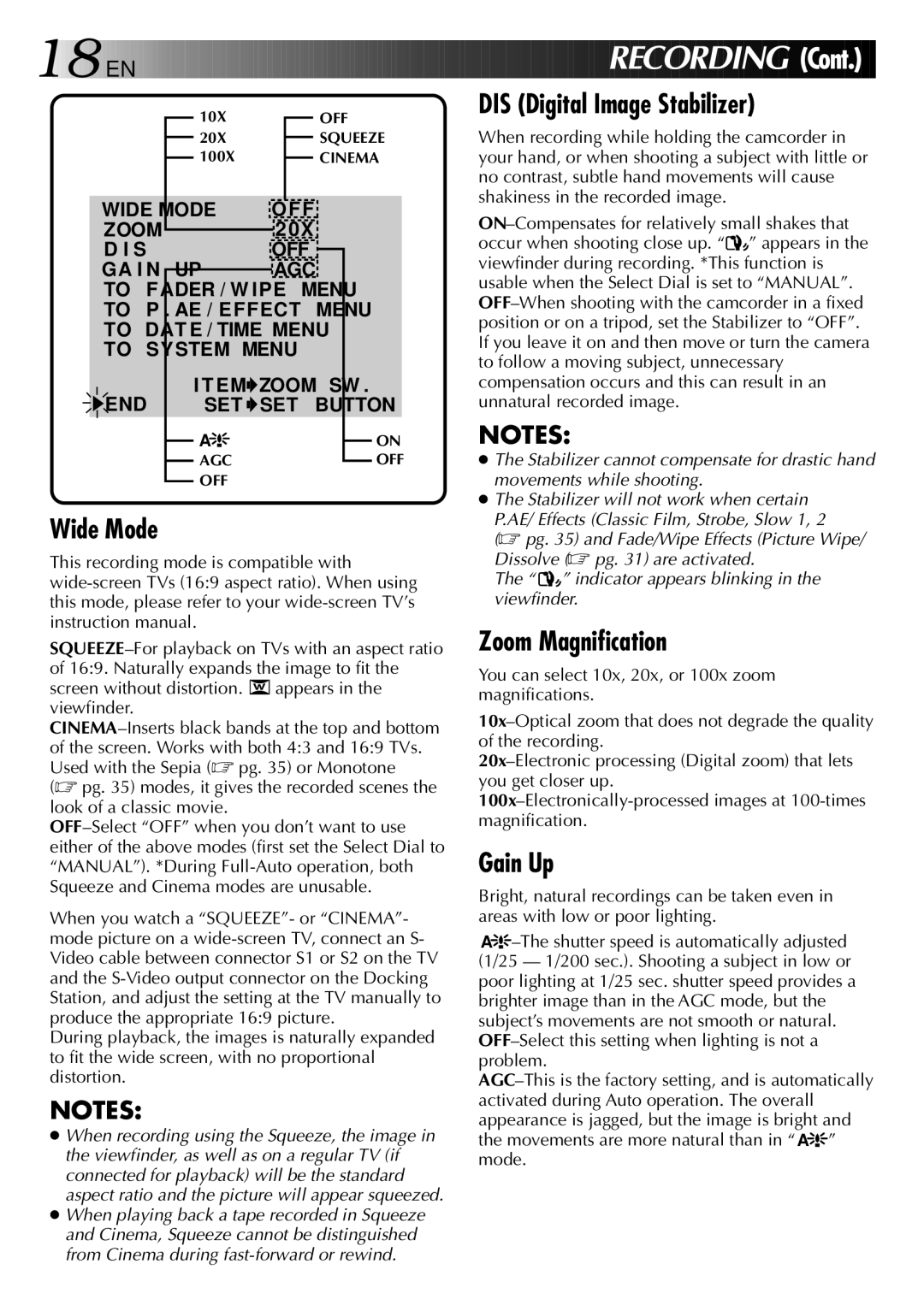 JVC GR-DVJ70 specifications RE Cording, Wide Mode, DIS Digital Image Stabilizer, Zoom Magnification, Gain Up 