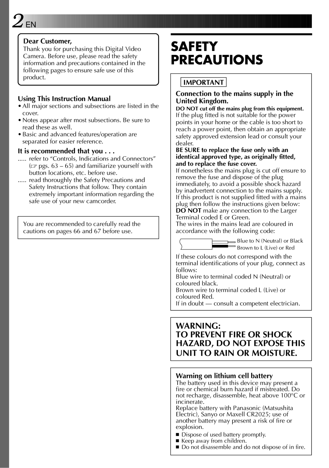 JVC GR-DVJ70 specifications Dear Customer, It is recommended that you, Connection to the mains supply in the United Kingdom 