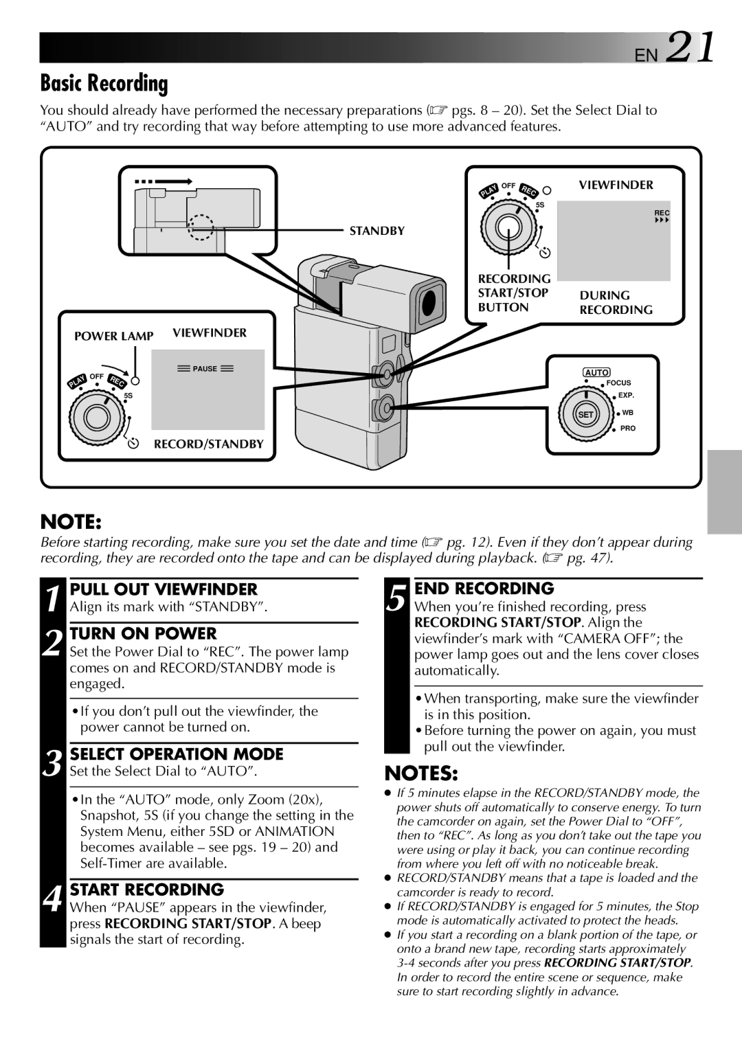 JVC GR-DVJ70 specifications Basic Recording, Turn on Power, Start Recording, END Recording 