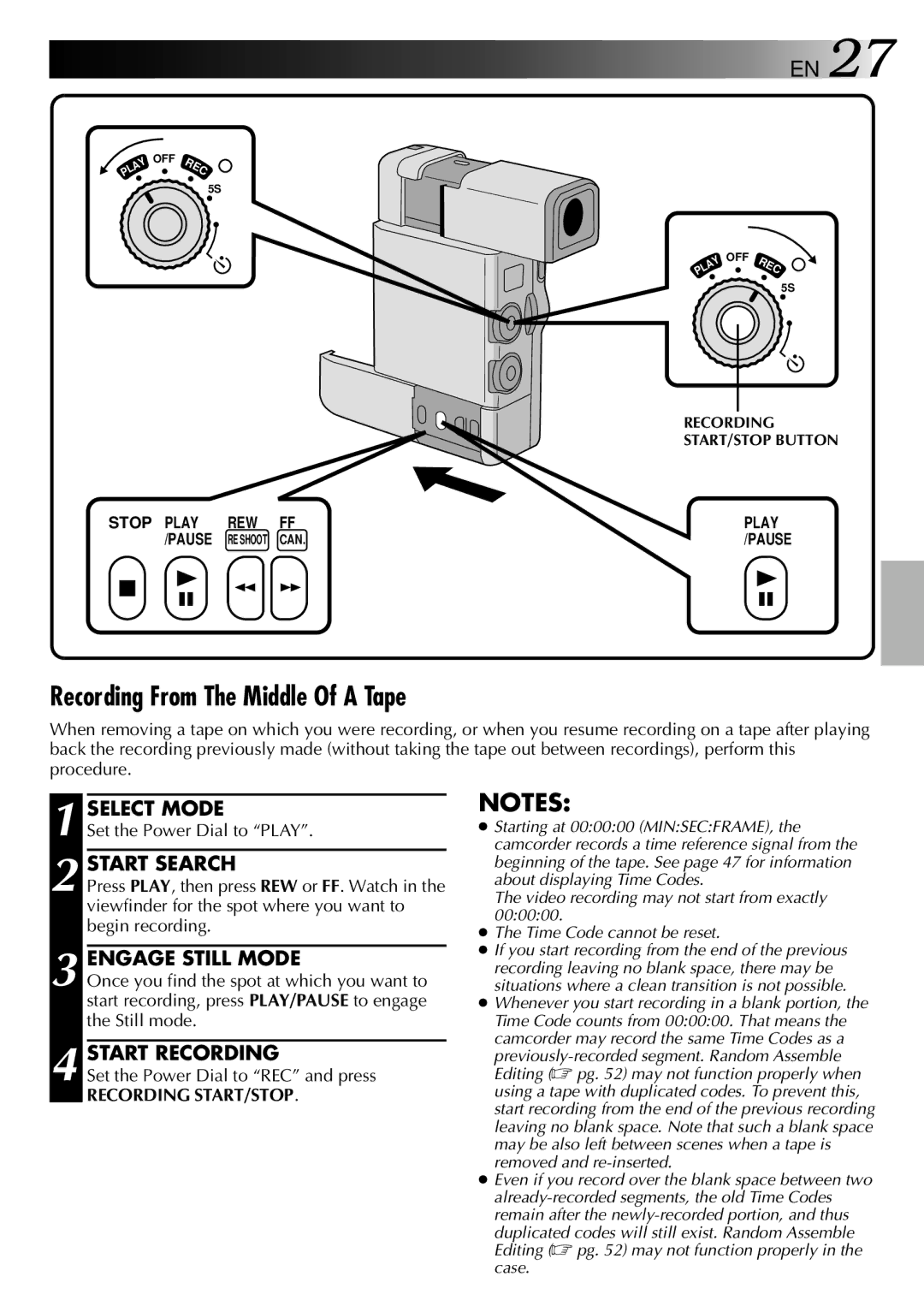 JVC GR-DVJ70 specifications Recording From The Middle Of a Tape, Start Search, Engage Still Mode 