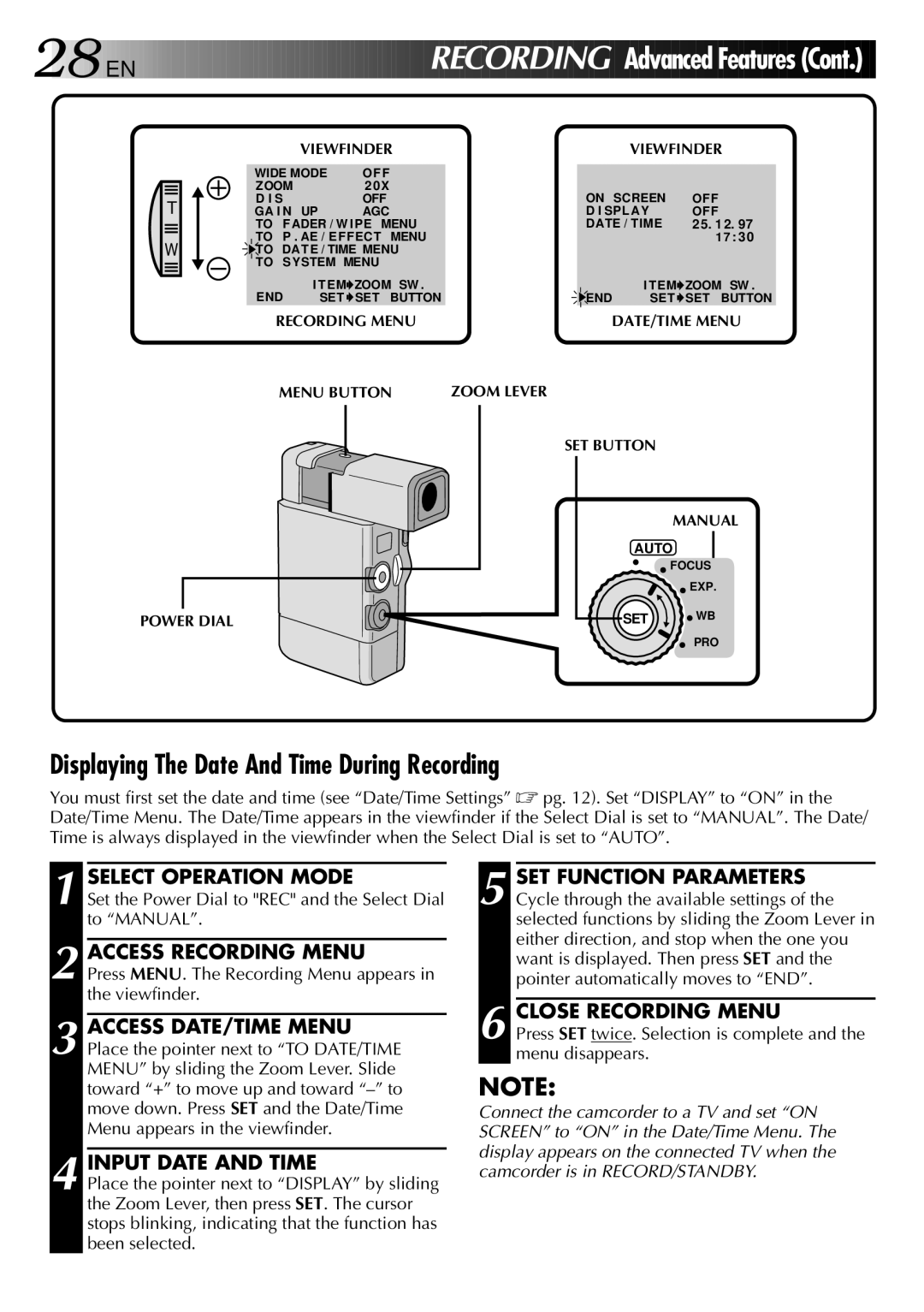 JVC GR-DVJ70 specifications EN Recor Ding, Displaying The Date And Time During Recording 