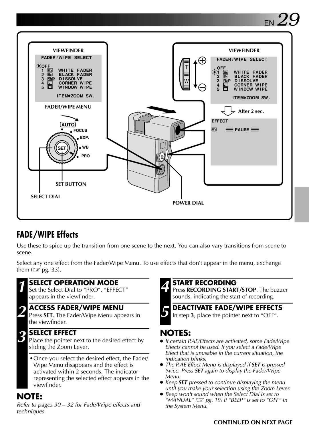 JVC GR-DVJ70 specifications FADE/WIPE Effects, Select Effect, FADER/WIPE Menu, SET Button Select Dial 