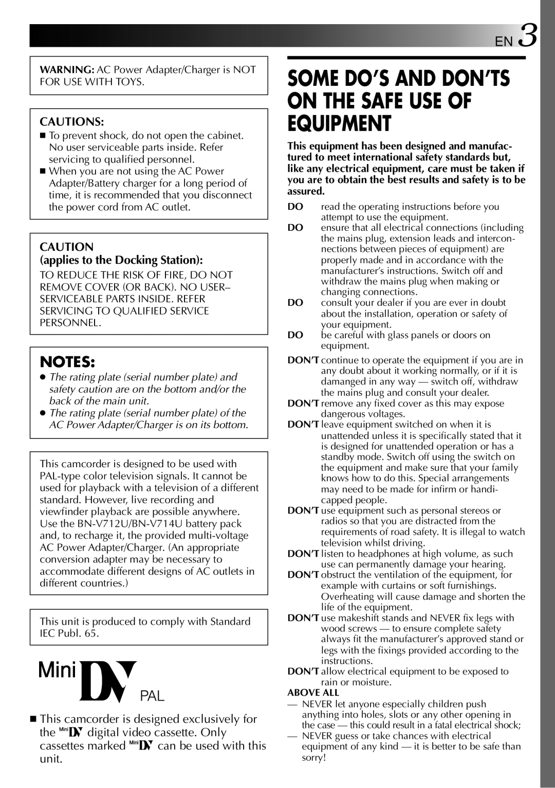 JVC GR-DVJ70 specifications Some DO’S and DON’TS on the Safe USE of Equipment, Applies to the Docking Station 