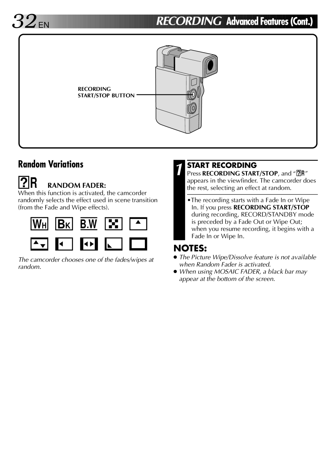 JVC GR-DVJ70 specifications Random Variations, ? R Random Fader, Press Recording START/STOP, and ? R 