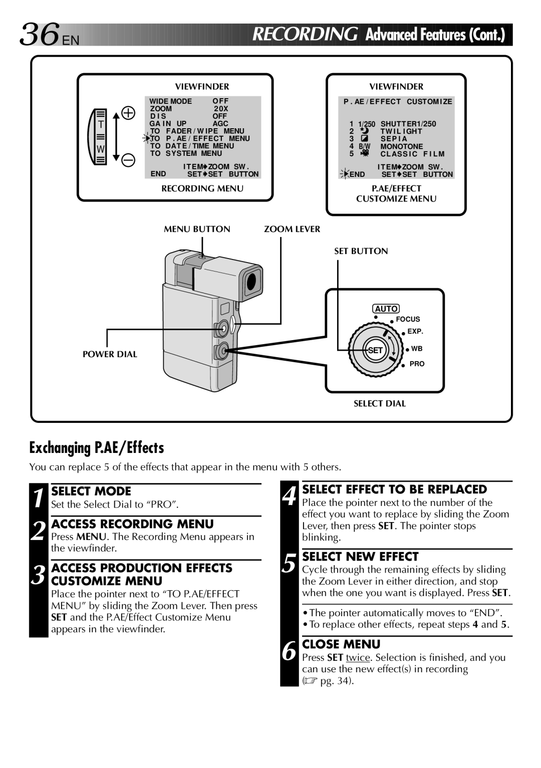 JVC GR-DVJ70 Exchanging P.AE/Effects, Access Production Effects Customize Menu, Menu Button Zoom Lever SET Button 