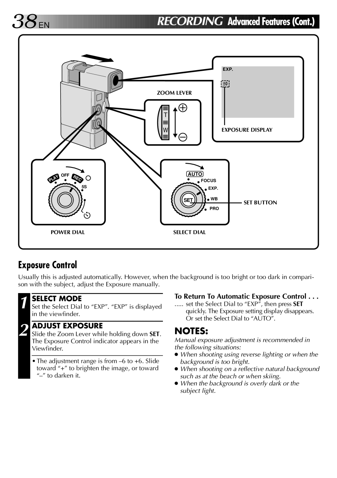 JVC GR-DVJ70 specifications Adjust Exposure, To Return To Automatic Exposure Control, Zoom Lever Exposure Display 