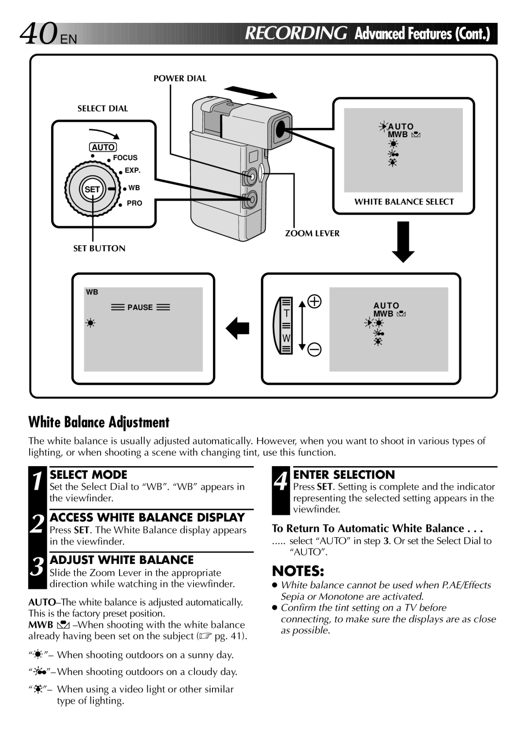 JVC GR-DVJ70 White Balance Adjustment, Enter Selection, To Return To Automatic White Balance, Power Dial Select Dial Auto 