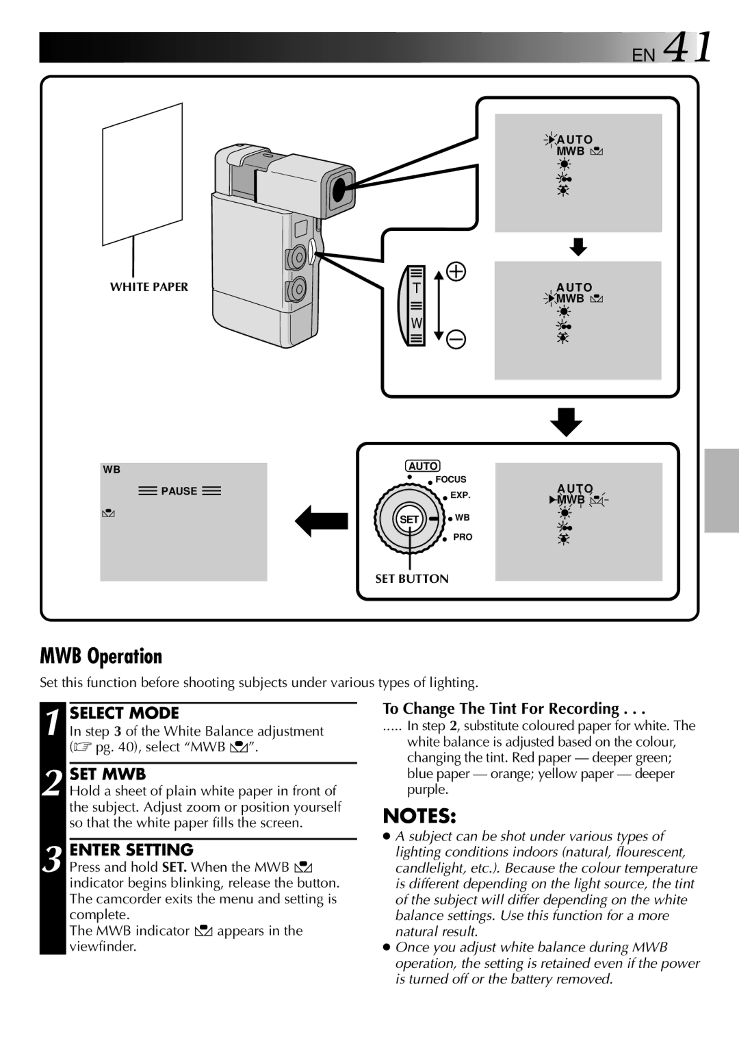 JVC GR-DVJ70 specifications MWB Operation, Set Mwb, Enter Setting, To Change The Tint For Recording, White Paper 