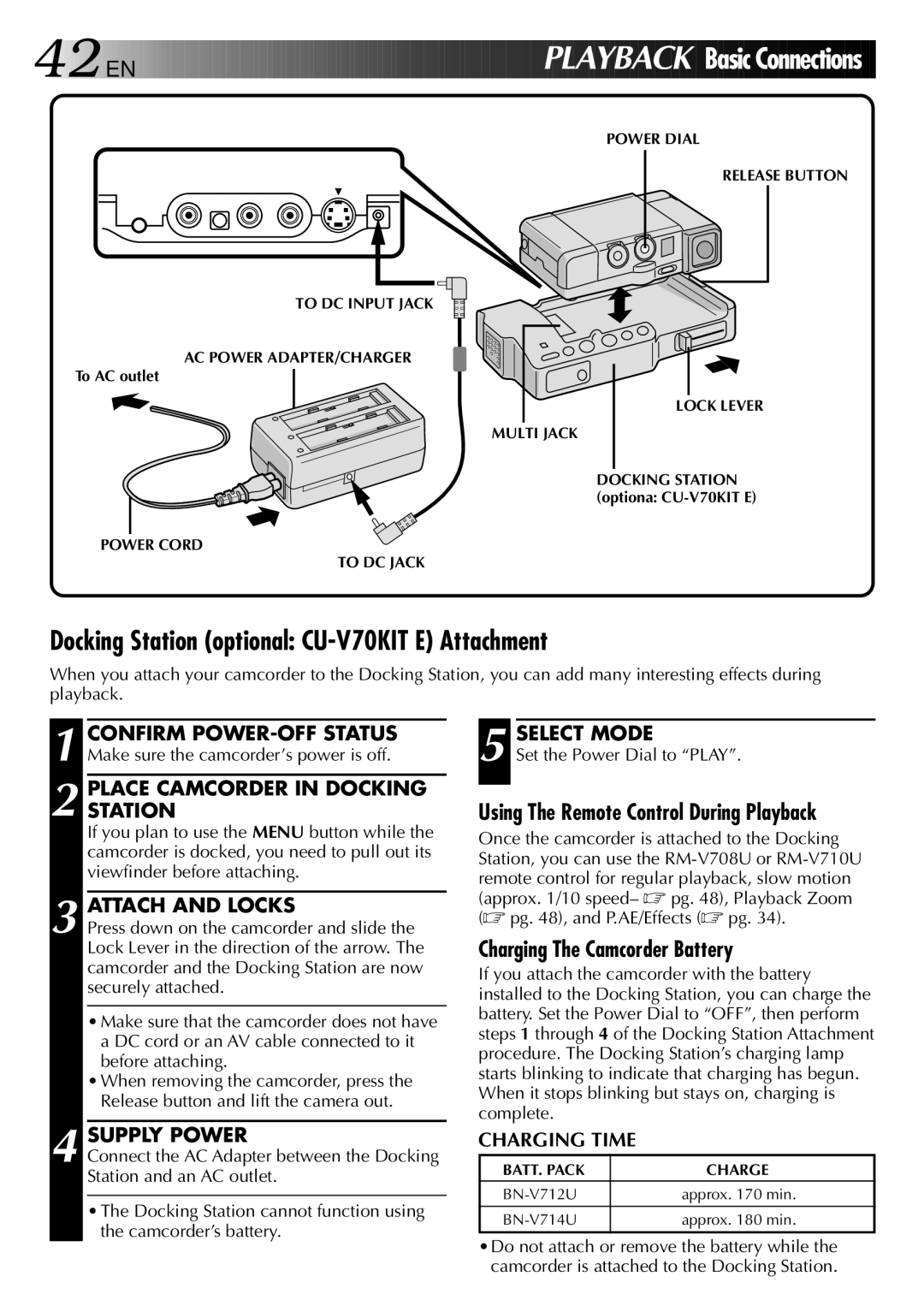 JVC GR-DVJ70 Docking Station optional CU-V70KIT E Attachment, Place Camcorder in Docking Station, Attach and Locks 