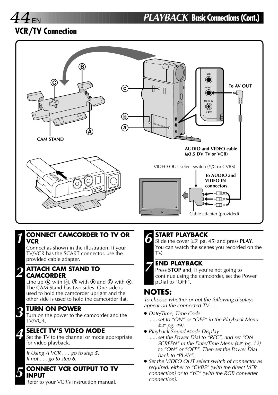 JVC GR-DVJ70 specifications VCR/TV Connection, Connectvcr Camcorder to TV or, Attach CAM Stand to Camcorder 