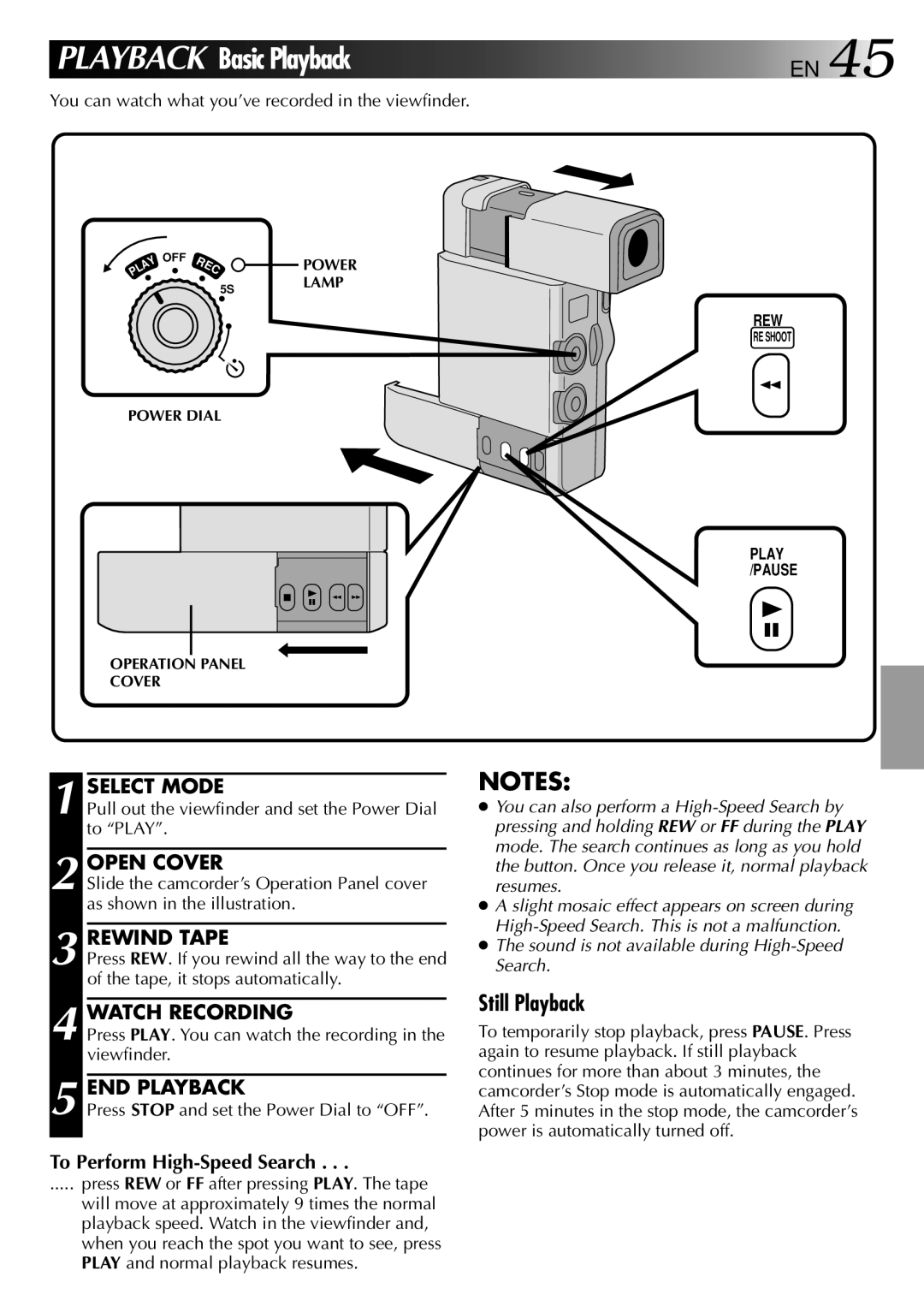 JVC GR-DVJ70 Open Cover, Watch Recording, To Perform High-Speed Search, Lamp, Power Dial Operation Panel Cover 