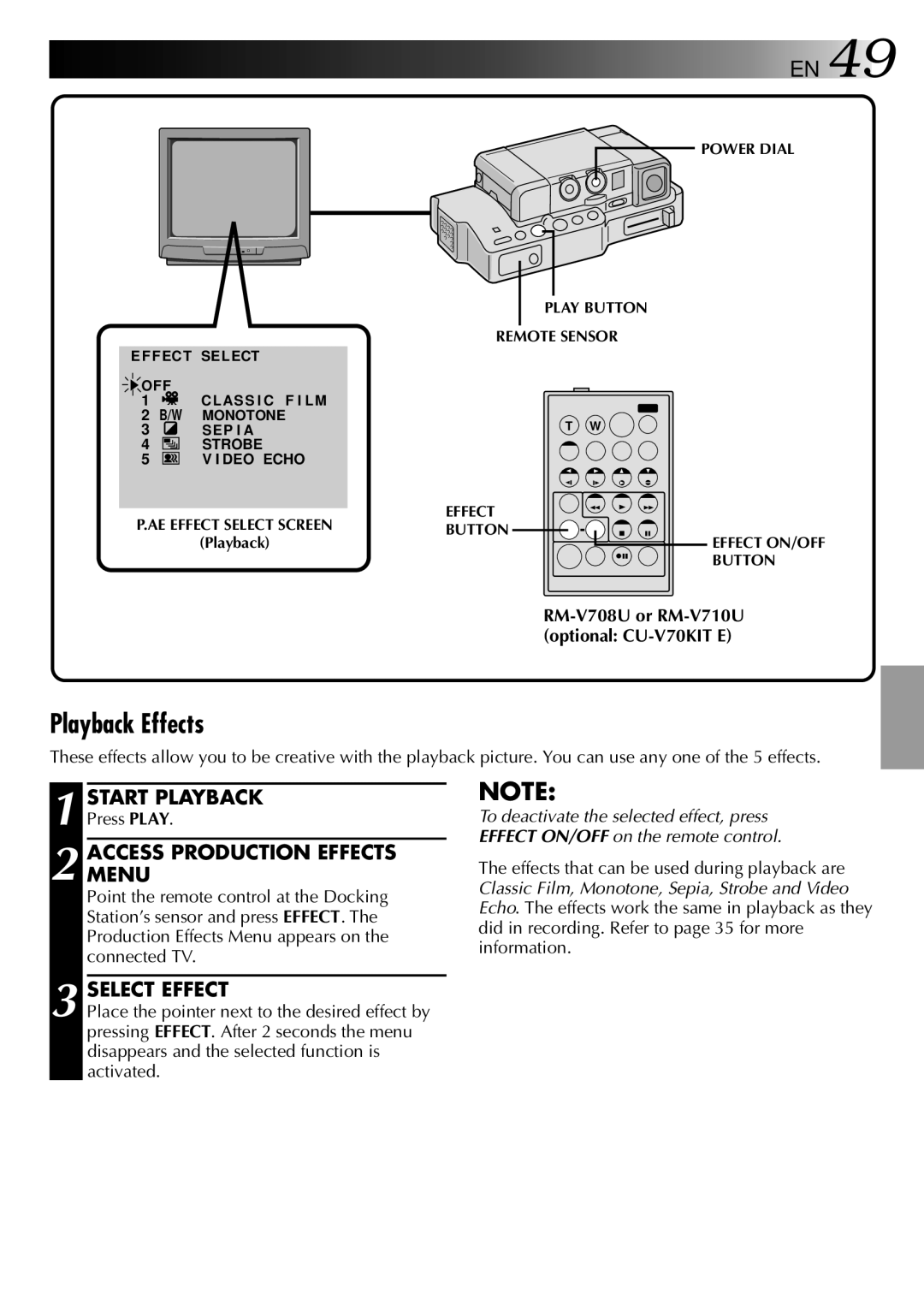 JVC GR-DVJ70 specifications Playback Effects, AE Effect Select Screen, Power Dial Play Button Remote Sensor Effect 