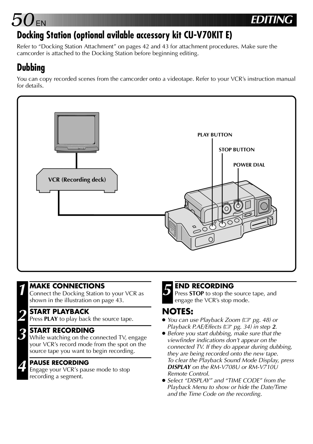 JVC GR-DVJ70 Docking Station optional avilable accessory kit CU-V70KIT E, Dubbing, Make Connections, VCR Recording deck 