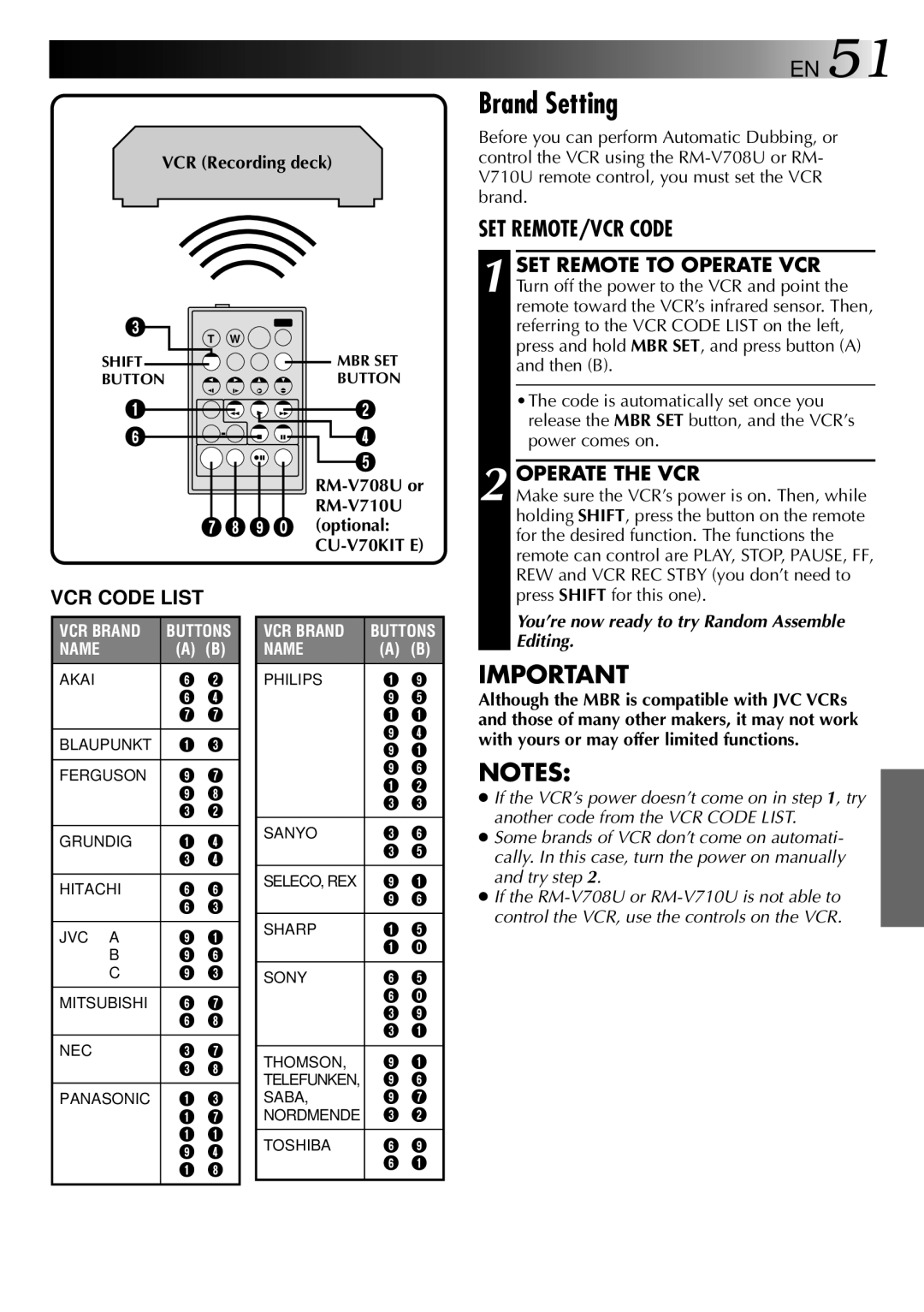 JVC GR-DVJ70 specifications Brand Setting, Operate the VCR, 9 ` optional, Shift 