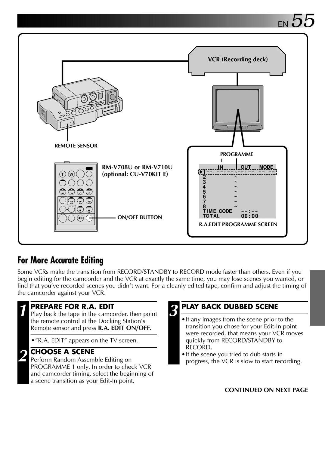 JVC GR-DVJ70 For More Accurate Editing, Prepare for R.A. Edit Play Back Dubbed Scene, Choose a Scene, RM-V708U or RM-V710U 