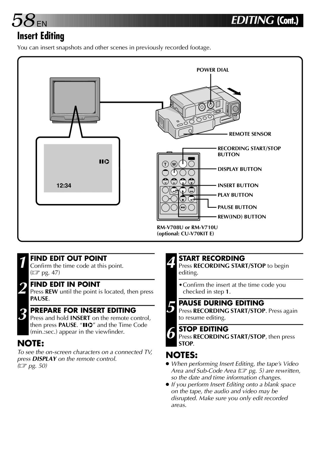 JVC GR-DVJ70 specifications Insert Editing, Find Edit in Point, Pause During Editing 