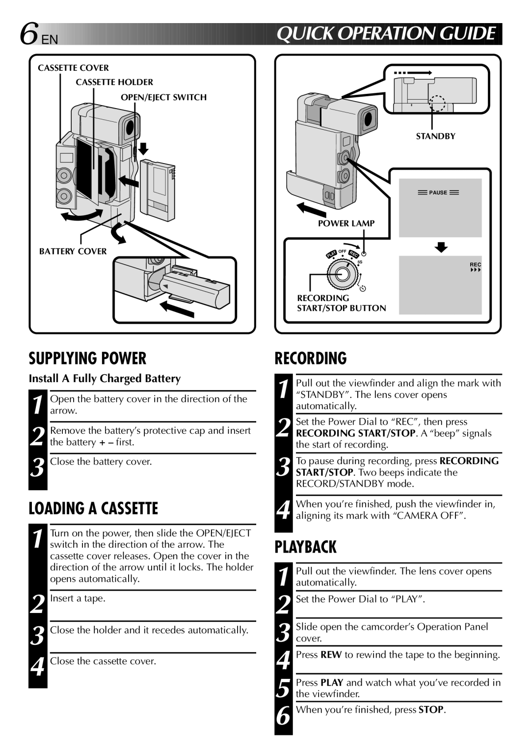 JVC GR-DVJ70 EN Quick Operation Guide, Install a Fully Charged Battery, Power Lamp, Recording START/STOP Button 