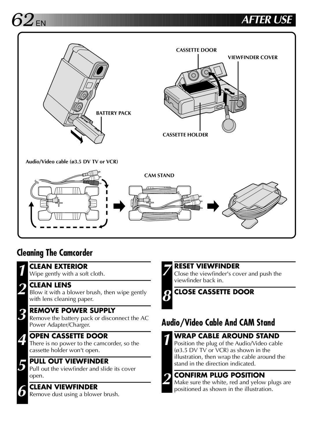 JVC GR-DVJ70 specifications Aft E R Use, Cleaning The Camcorder, Audio/Video Cable And CAM Stand 