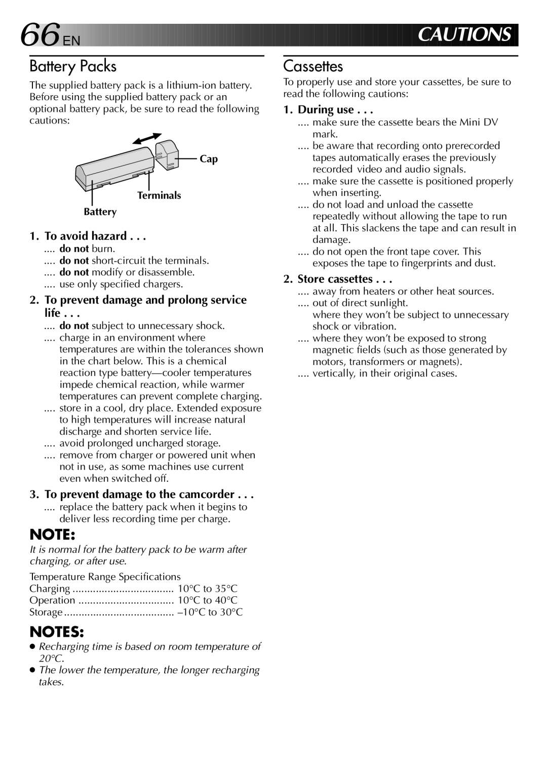 JVC GR-DVJ70 To avoid hazard, To prevent damage and prolong service life, To prevent damage to the camcorder, During use 