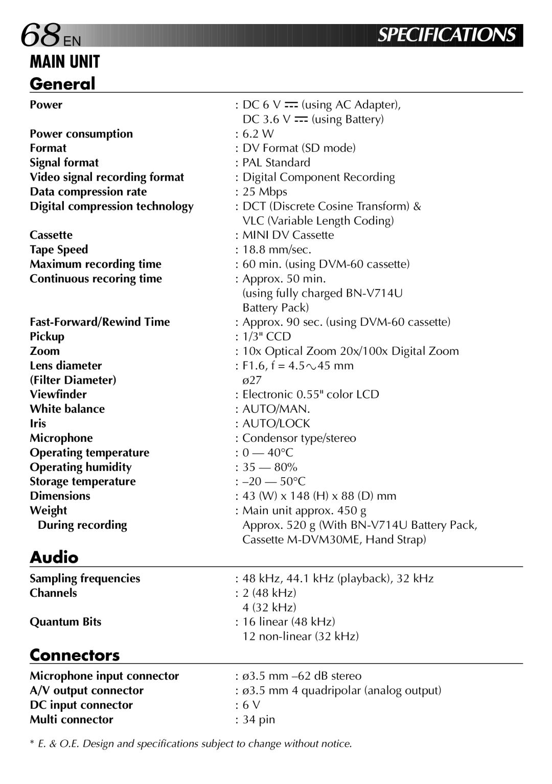 JVC GR-DVJ70 specifications General, Audio, Connectors 