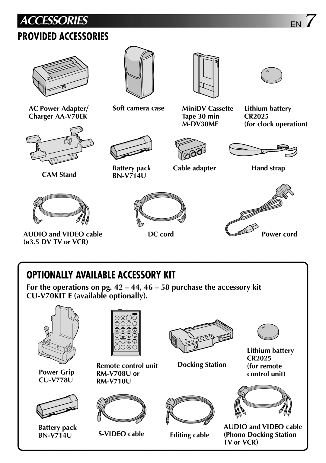 JVC GR-DVJ70 DV30ME, CAM Stand Battery pack Cable adapter, BN-V714U Audio and Video cable DC cord, Ø3.5 DV TV or VCR 