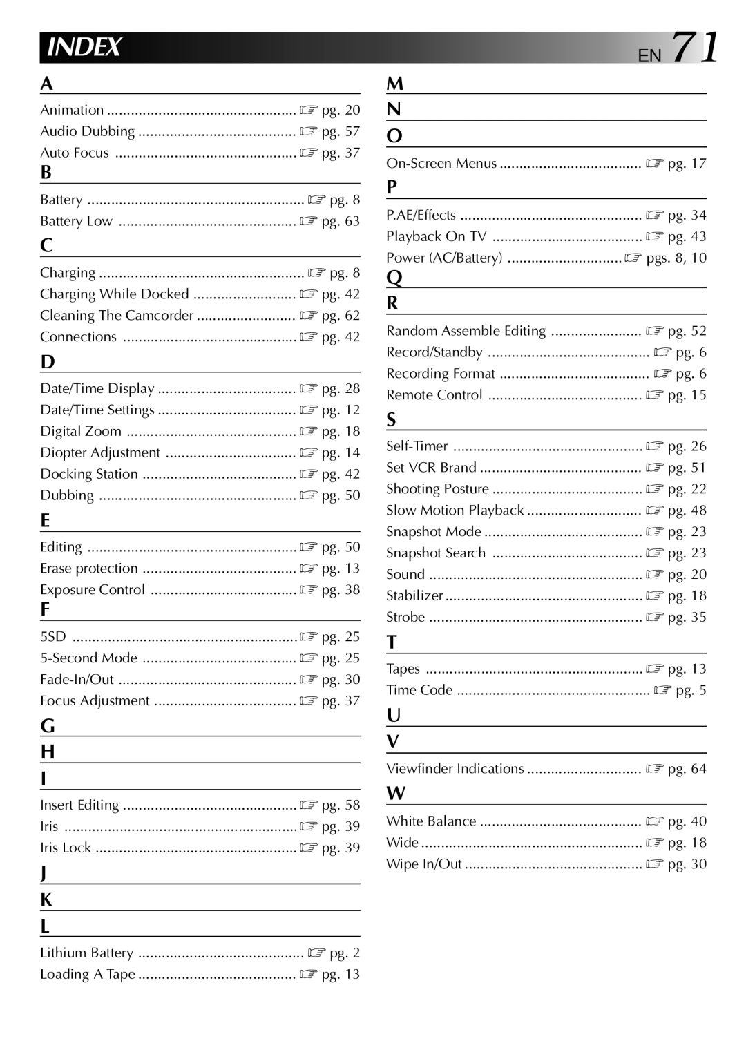 JVC GR-DVJ70 specifications Index 