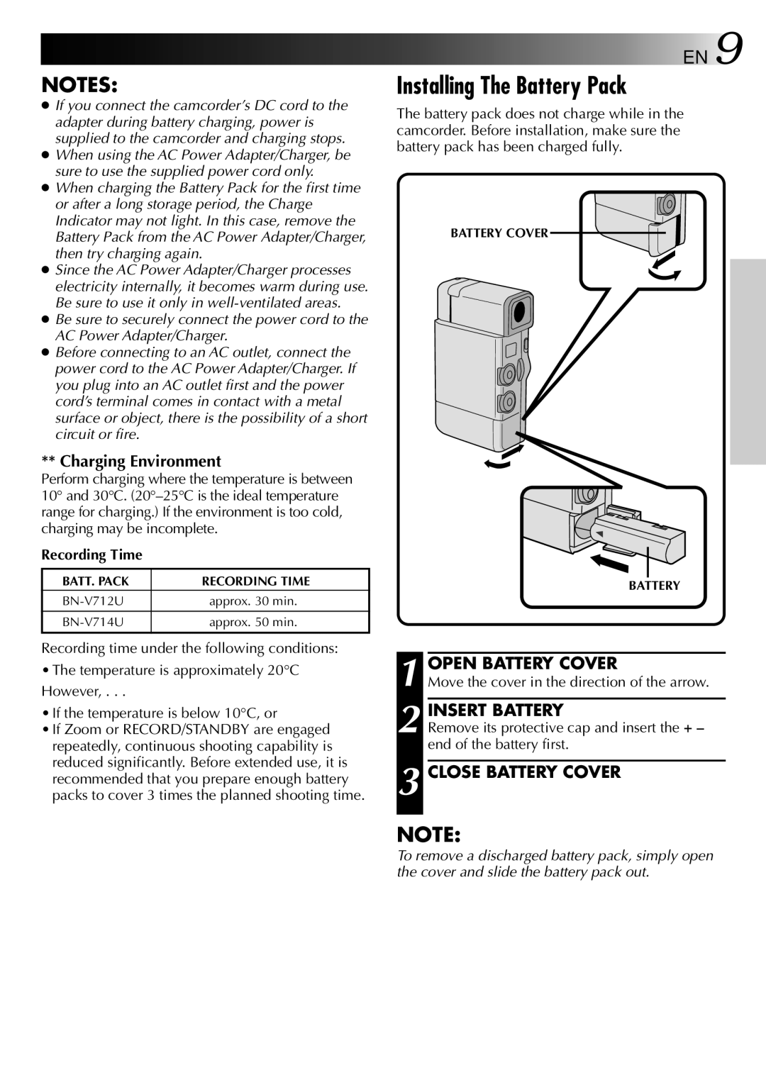 JVC GR-DVJ70 Installing The Battery Pack, Charging Environment, Open Battery Cover, Insert Battery, Close Battery Cover 