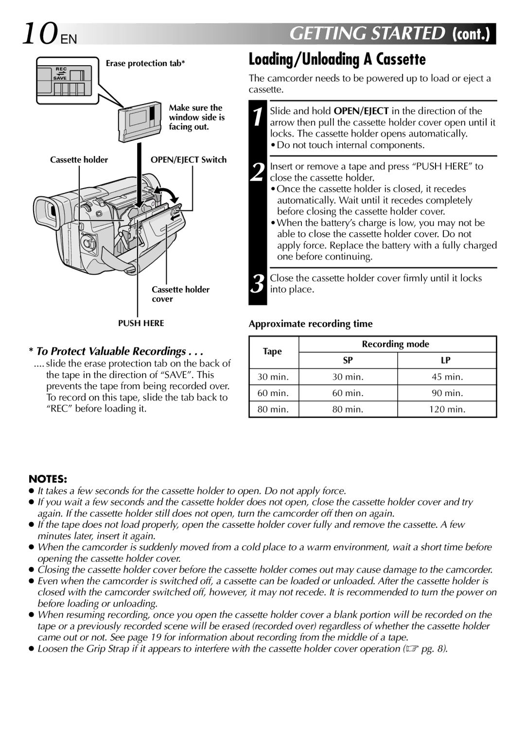 JVC GR DVL 200 specifications 10 EN, Loading/Unloading a Cassette 