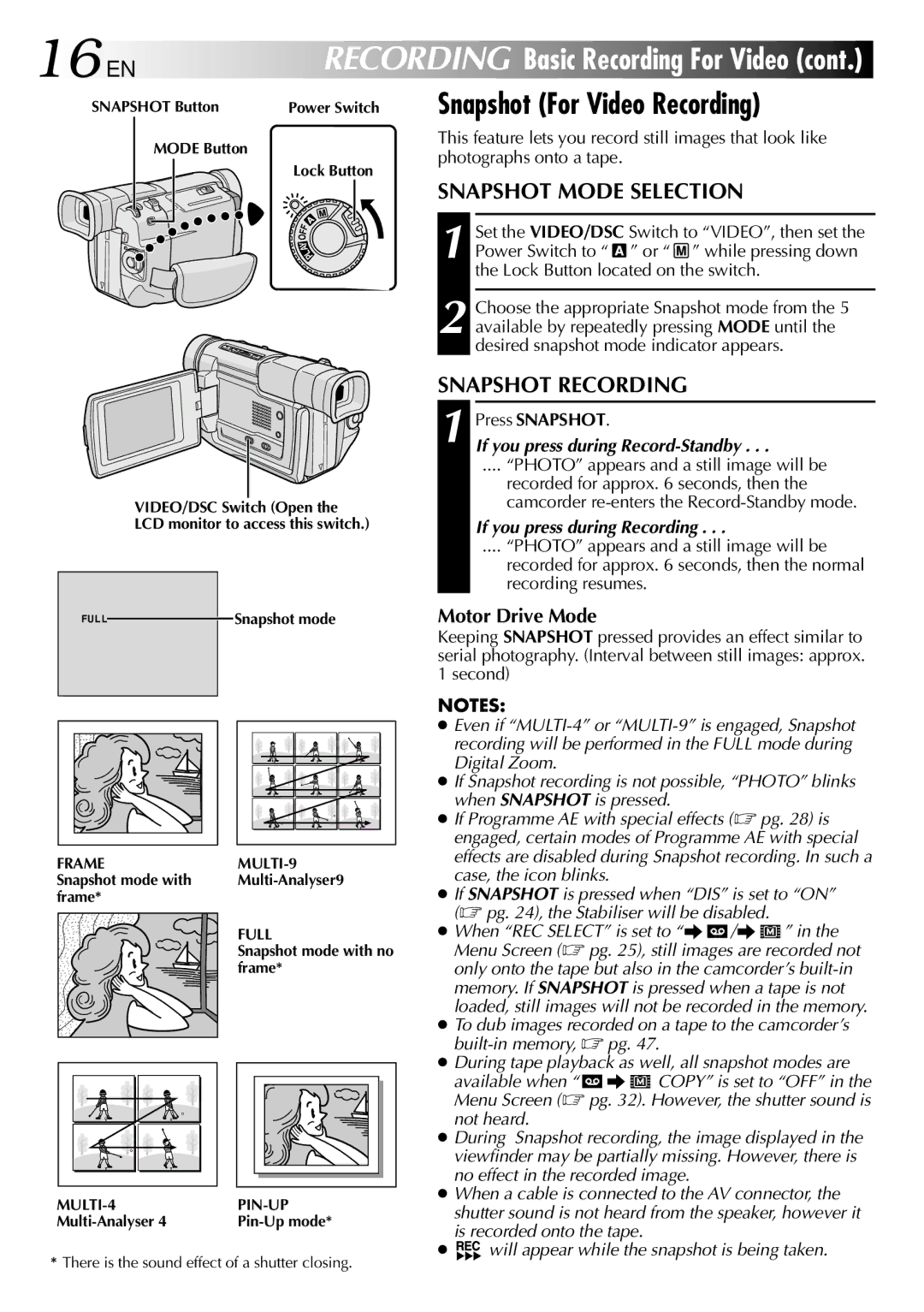 JVC GR DVL 200 specifications 16 EN, Power Switch Snapshot For Video Recording, Snapshot Mode Selection, Snapshot Recording 