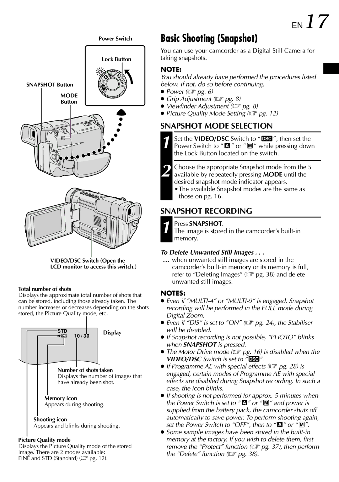 JVC GR DVL 200 specifications Basic Shooting Snapshot, Available Snapshot modes are the same as those on pg 