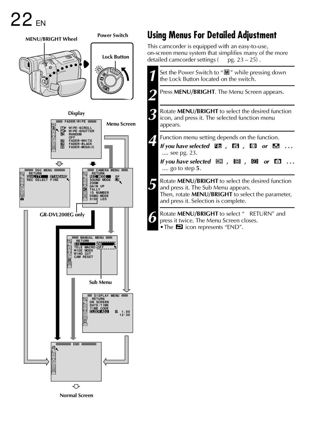 JVC GR DVL 200 specifications Using Menus For Detailed Adjustment, Appears, See pg, Go to step 