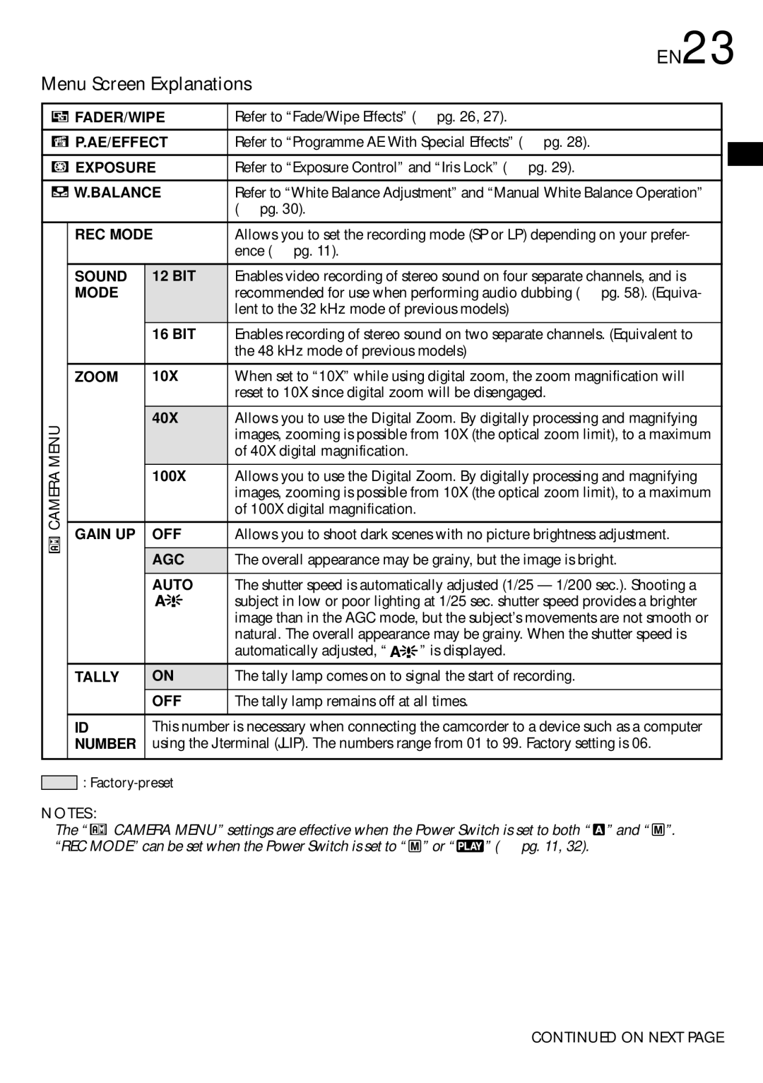 JVC GR DVL 200 specifications Menu Screen Explanations EN23 