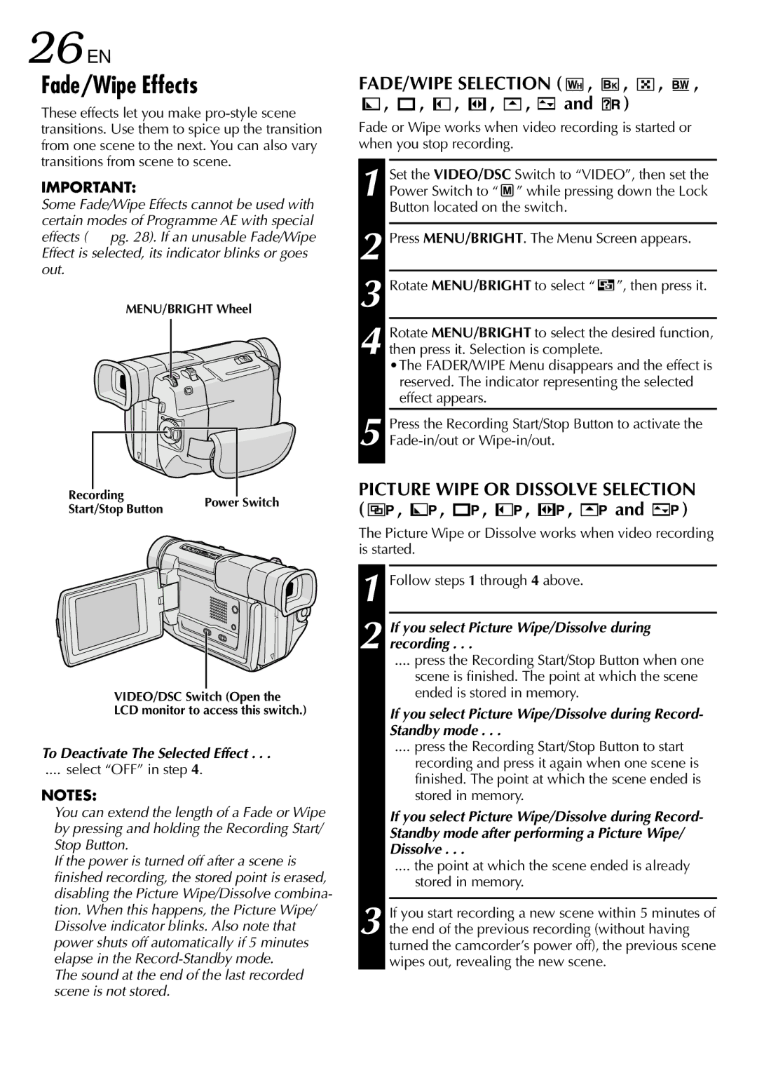 JVC GR DVL 200 specifications Fade/Wipe Effects, To Deactivate The Selected Effect, Select OFF in step 