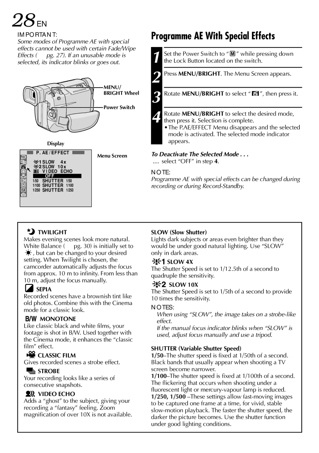 JVC GR DVL 200 specifications Programme AE With Special Effects, To Deactivate The Selected Mode 