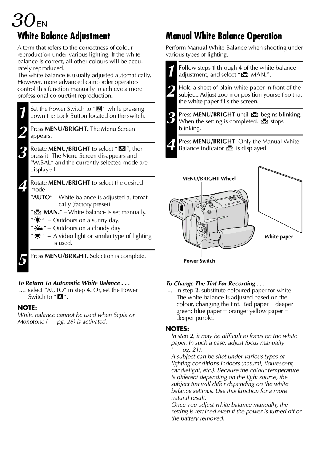 JVC GR DVL 200 White Balance Adjustment, Manual White Balance Operation, To Return To Automatic White Balance 