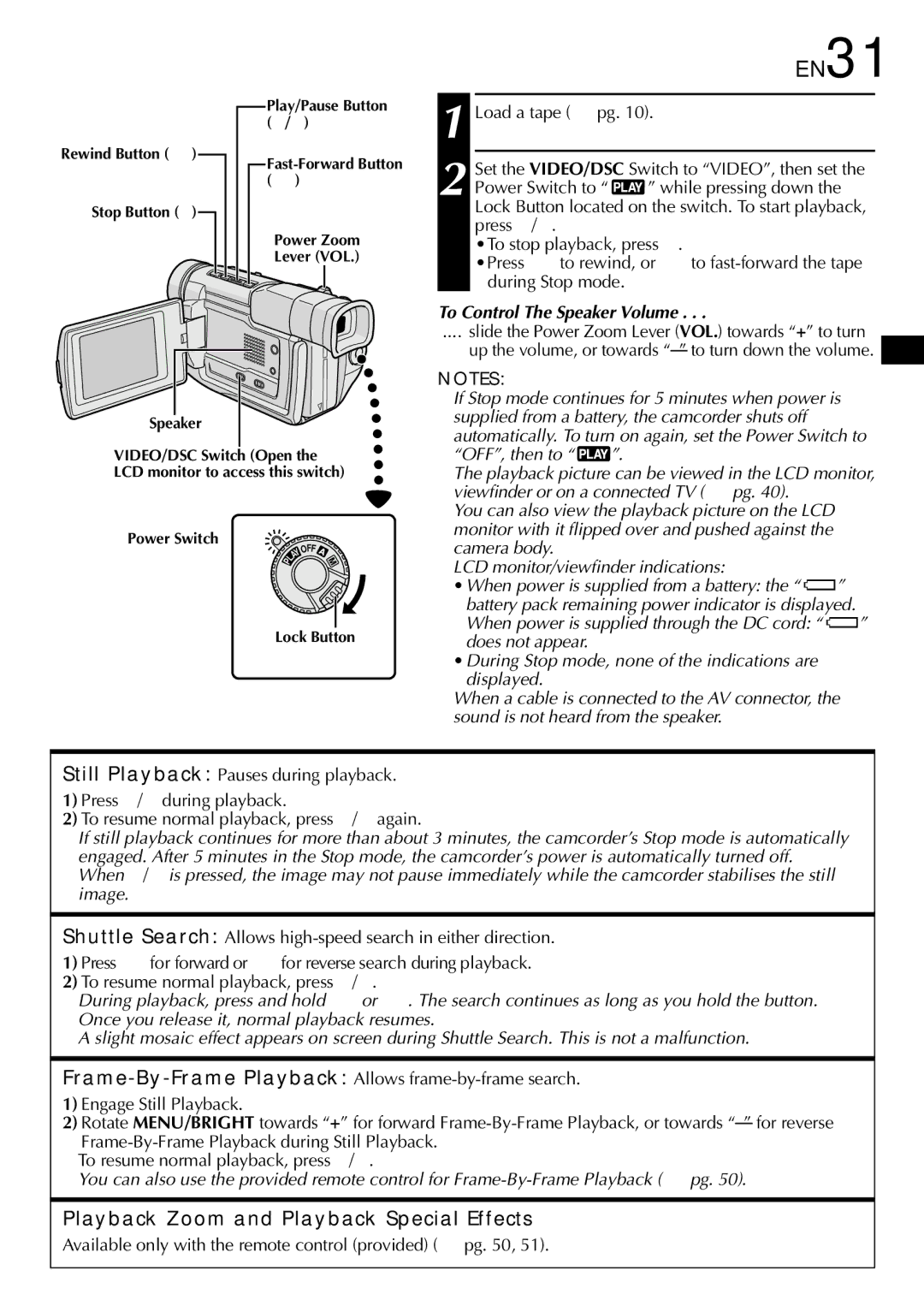 JVC GR DVL 200 specifications EN31, Playback Zoom and Playback Special Effects, To Control The Speaker Volume 